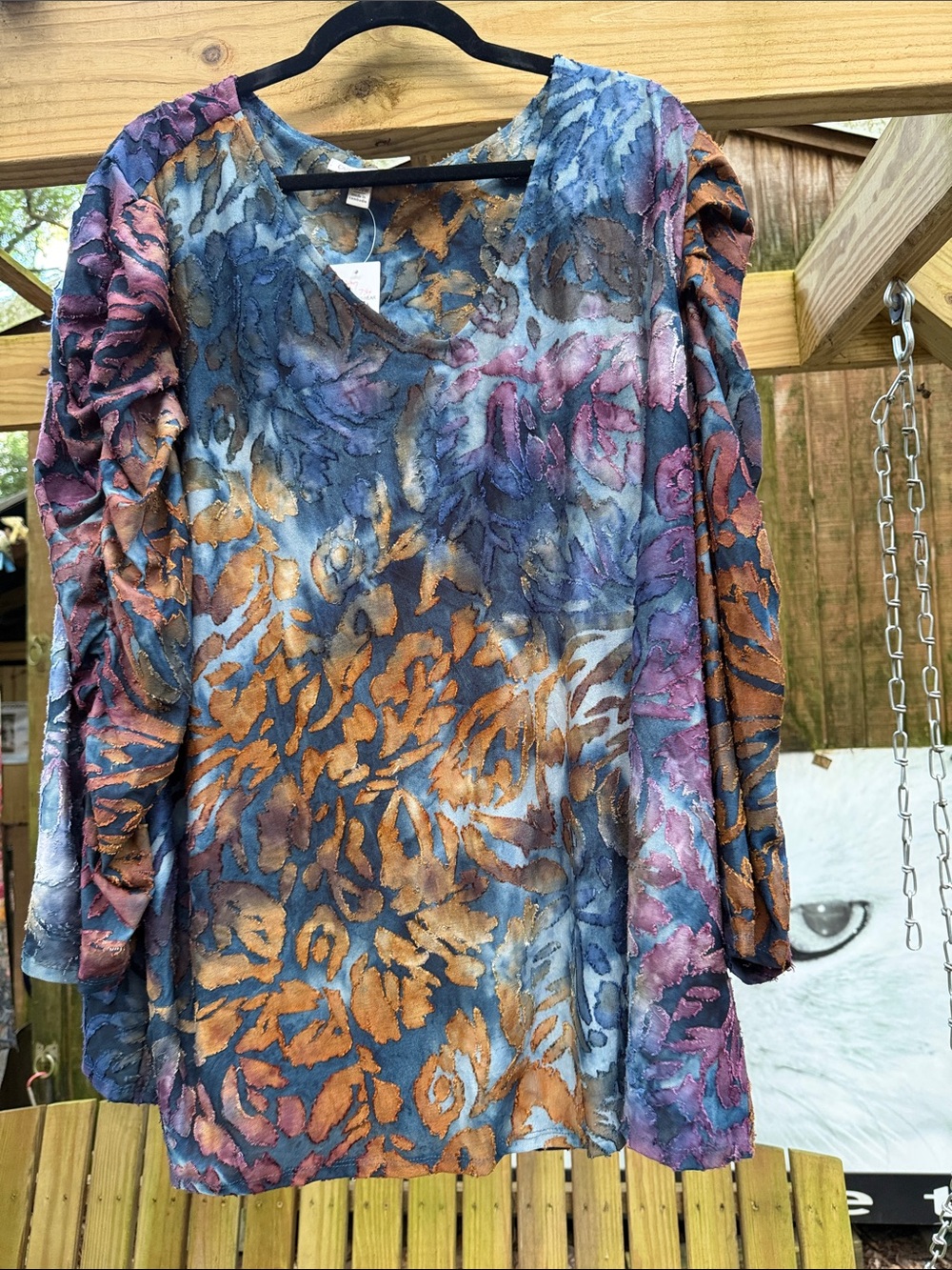 Womens Multicolor Floral Velvet Burnout Blouse - Blue/Purple/Gold nwt plus 26/28